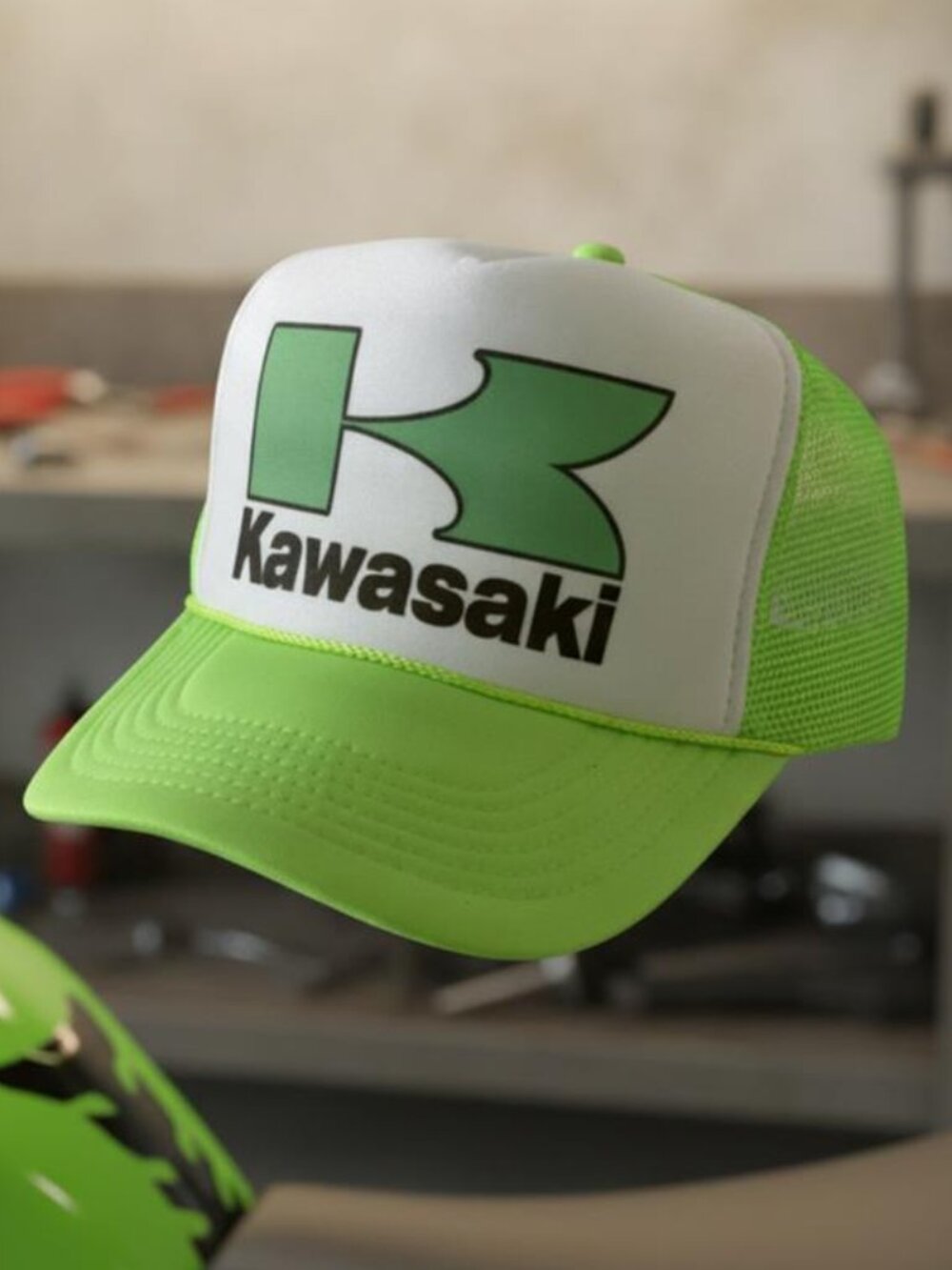 Retro Kawasaki Vintage Motorcycle Trucker Hat Neon Green Adjustable Snapback 90s